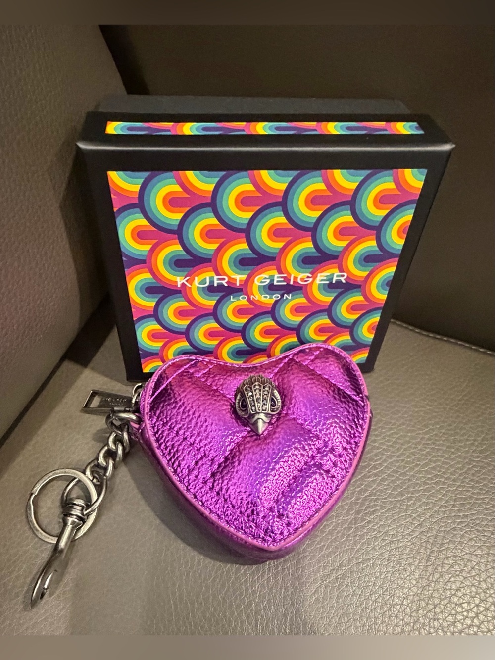 Kurt Geiger Metallic Purple Heart Key & Card Pouch